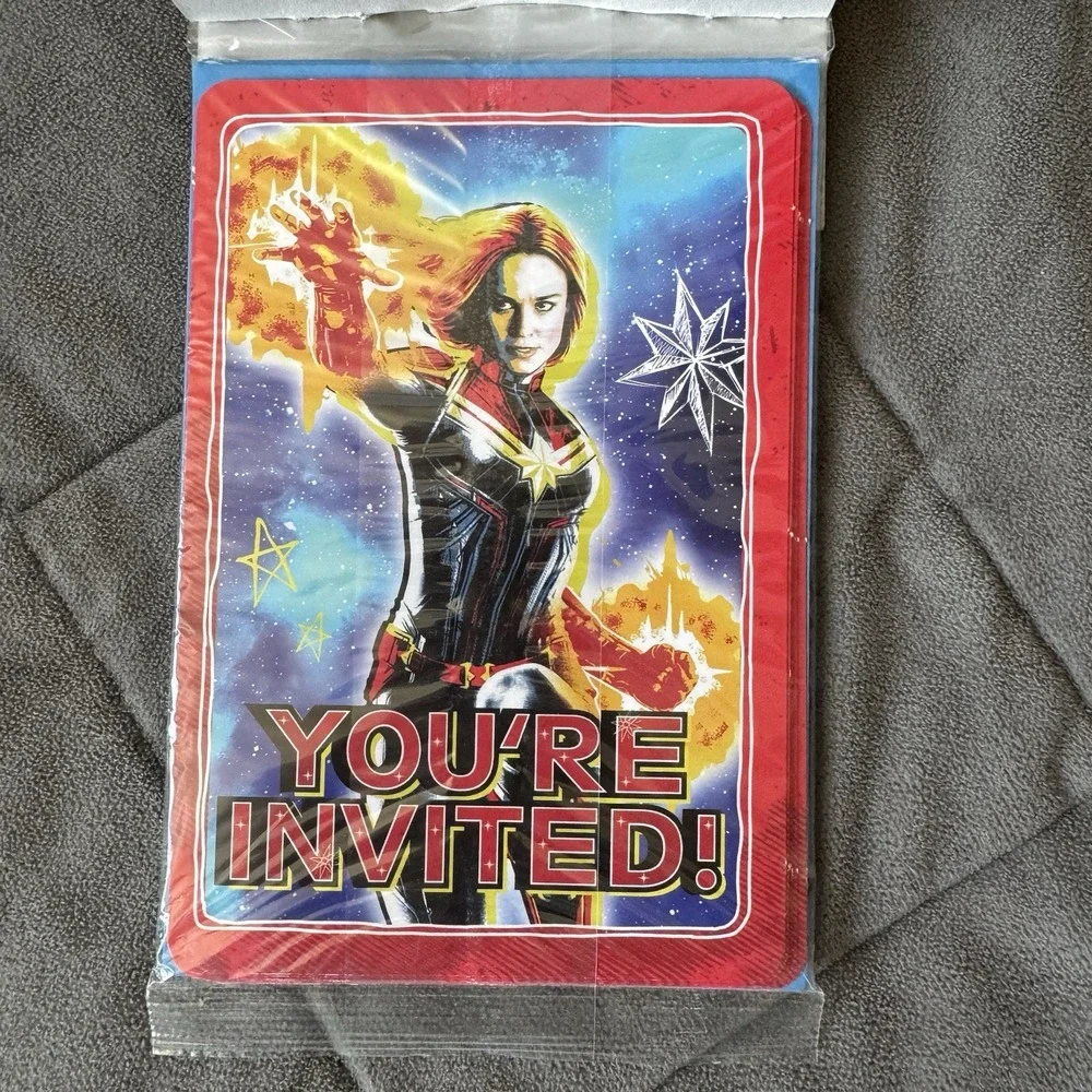 Captain Marvel Birthday Party Decor Lot - Table Decor Kit, Invitations & Candle
